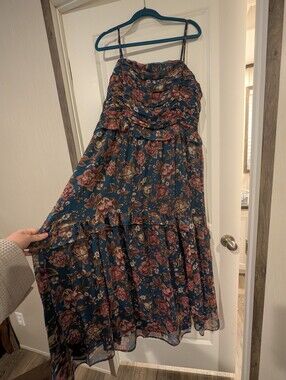 LOFT Teal Floral Tiered Maxi Dress with Rose Print